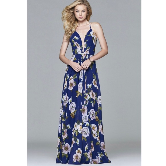 Faviana Blue Floral Chiffon Evening Gown Size 0 - Picture 1 of 8